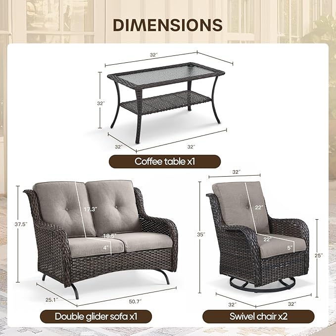 Patio Loveseat Glider Set, Resin Wicker Loveseat Glider with 4 Swivel Patio Chiars Coffee Table, 6 Piece Patio Conversation Set PE Rattan Loveseat Set, Brown Wicker|Grey Cushions