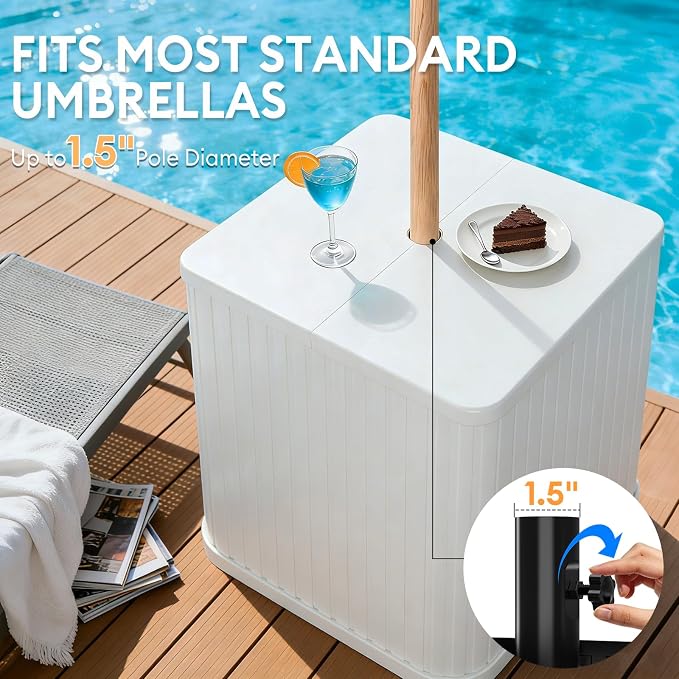 Umbrella Side Table - Hyperzoo Outdoor Patio Table with Umbrella Hole, Heavy Duty Plastic Poolside Table Holds 132 lbs with Water Filled Base, Fits ≤1.5”Umbrella Pole for Poolside & Backyard, White