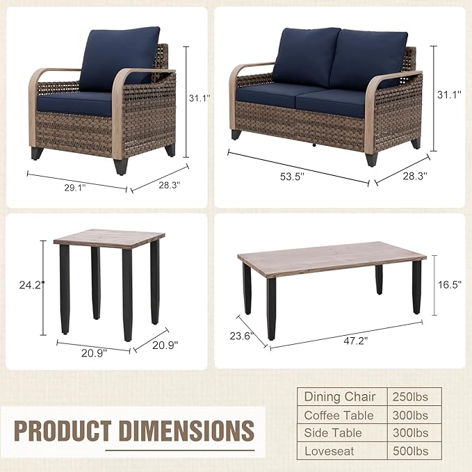 Modern Wicker Patio Furniture Set, Rattan Outdoor Conversation Set with Comfortable Cushions, 2 Patio Chairs, 2 Seat Loveseat, Coffee Table and Side Table, 5 Pieces, Brown/Blue