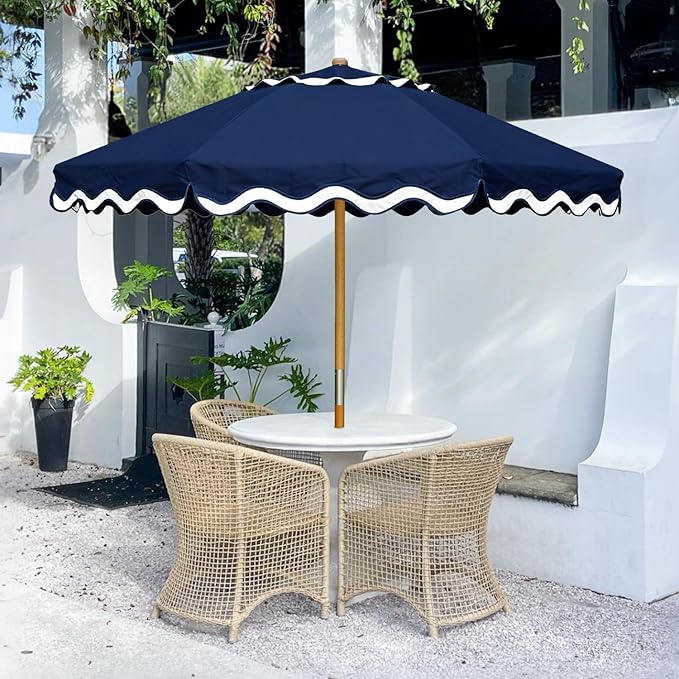 AMMSUN 8.2ft Vintage Wood Outdoor Umbrella, with a pulley system, UPF 50+, for markets, gardens, porches, courtyards, beach terraces, cafes, taverns, dining tables, pool sides, wedding venues