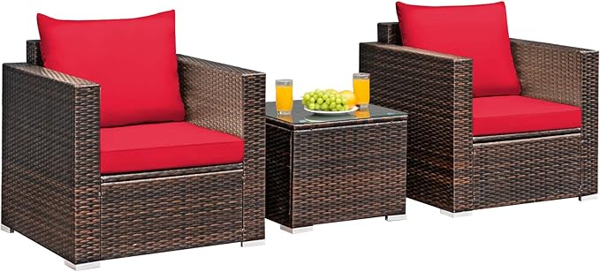 Tangkula 3 Pieces Patio Furniture Set, Outdoor Conversation Rattan Furniture Set w/Washable Cushion and Tempered Glass Tabletop, PE Rattan Wicker Sofa Set for Garden Poolside Balcony
