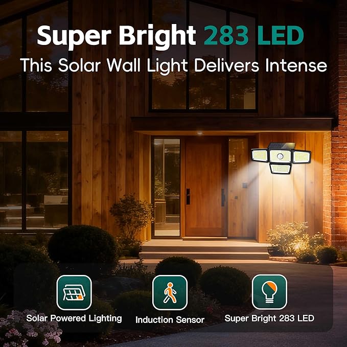 Solar Outdoor Motion Sensor Light, 4-Head 283 LED Solar Flood Light 3000LM 6500K, IP65 Waterproof Security Wall Lamp with Wide 270° Lighting Angle, Solar Powered Motion Sensor Lights(1Pack)