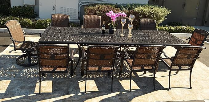 Santa Clara Outdoor Cast Aluminum Powder Coated 11-Piece Dining Set with Extendable 48x132 Table (with 10 Swivel Rocking Chairs)