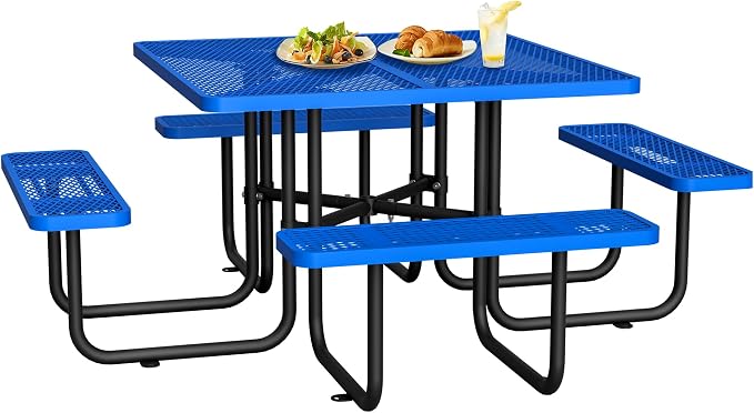 Square Outdoor Metal Coffee Picnic Table for Patio, Backyard, Garden and DIY (Includes 4 Built-in Benches) - Blue