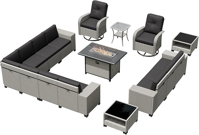 16-Piece Outdoor Patio Furniture Set, Modular Sectional Sofa Set with Swivel Rocker Chairs & Fire Pit, Wicker Outdoor Couch Conversation Sets w/Coffee Table and Cushions, Black