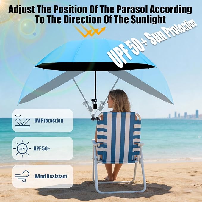 Patio Umbrellas 360 ° Adjustable Beach Chair Umbrella with Clamp UPF 50+ Clip On Chair Umbrella Sun Shade for Outdoor Beach, Patio, Wheelchair, Camping Chairs and Golf Carts