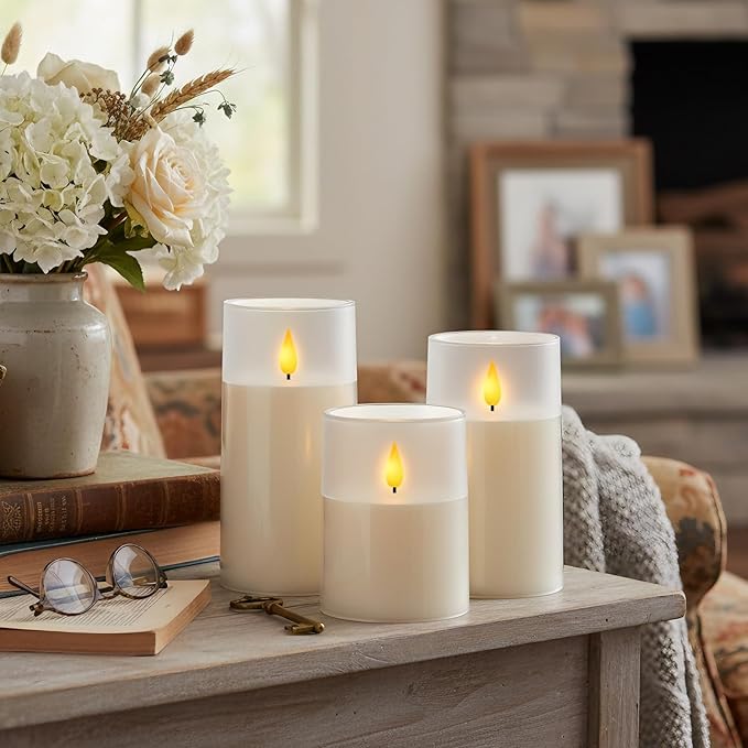 Homemory 3"×4" 5" 6" Battery Candles with Remote & Timer, Ivory Acrylic Realistic Flickering LED Pillar Candles, Waterproof Fake Candle for Home and Lantern Decor, Set of 3