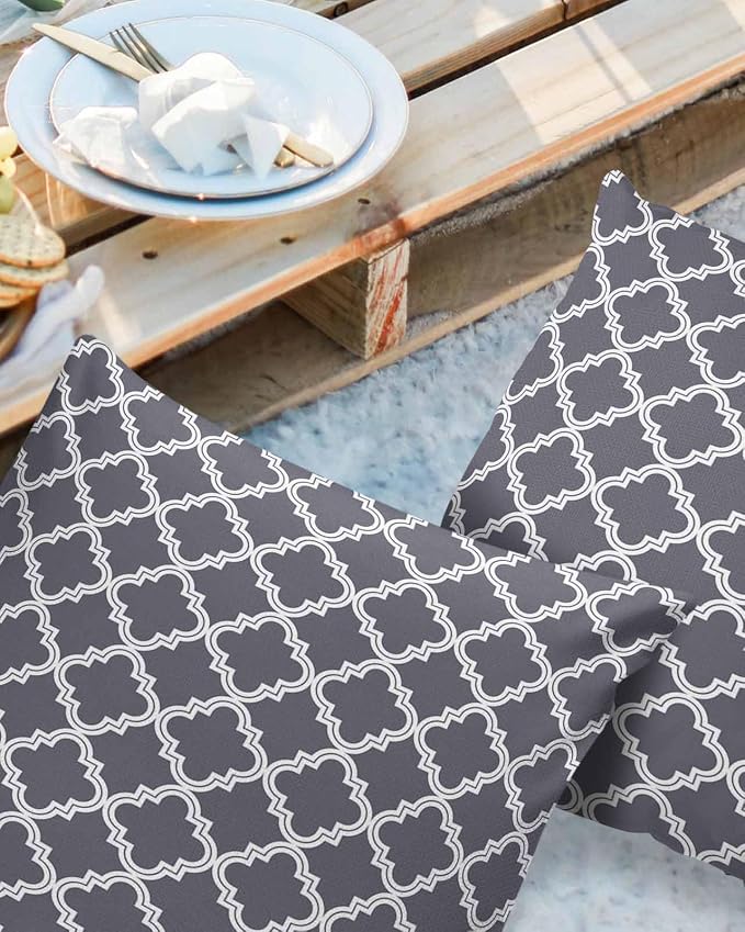Outdoor Waterproof Pillow Covers for Patio Furniture Moroccan Pattern Decorative Throw Pillow Cover Dark Grey Pillowcases Set of 2 Cushion Case for Sofa Couch Chair Home Decor 26x26 inch