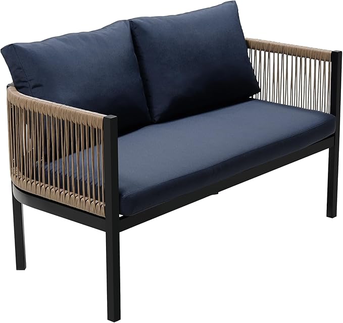 4 Piece Patio Conversation Set, Multi-Person Outdoor Sofa Combination with A Tempered Glass Table, Suitable for Garden, Backyard and Balconies (Dark Blue/064)