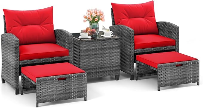 HAPPYGRILL 5-Piece Outdoor PE Rattan Conversation Set, Wicker Patio Furniture Set with Cushion, Ottoman & Coffee Table for Backyard Garden Poolside Lawn Deck Porch (Mix Grey & Red)