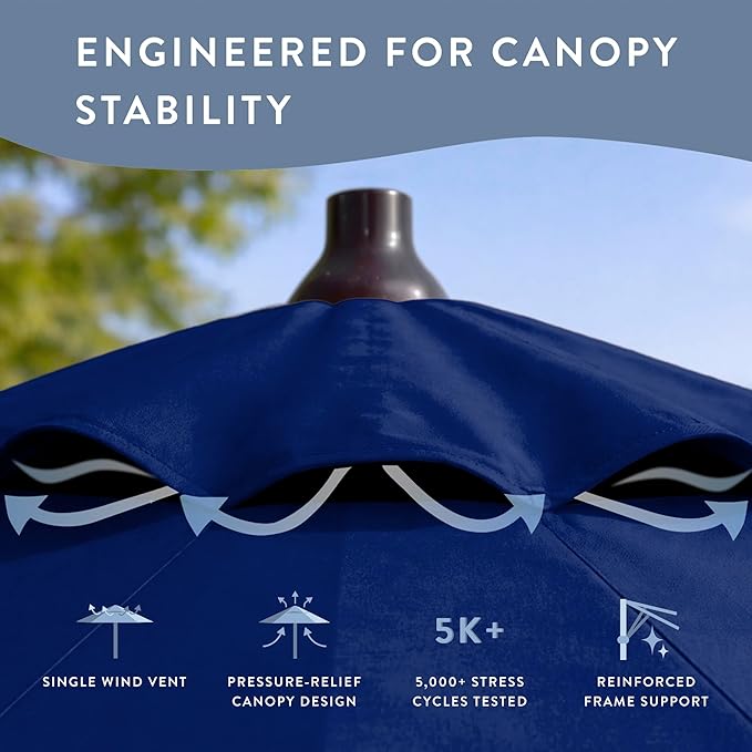 California Umbrella 12-Year Protection 7.5-Ft Outdoor Patio Umbrella, Sunbrella Fade-Resistant Fabric, Auto-Tilt, Heavy Duty Aluminum Frame, 8 Reinforced Ribs for Pool or Deck, Bronze Pole, True Blue