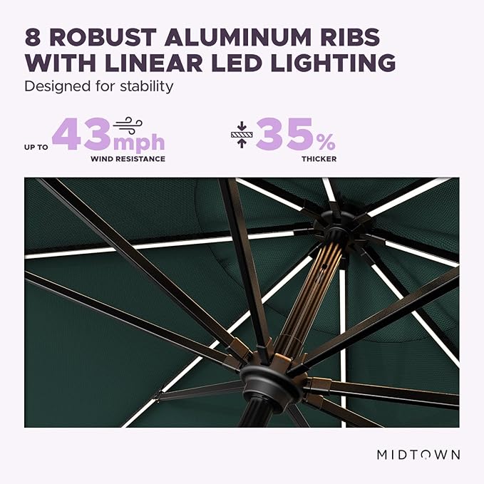 Midtown Umbrellas The LED Swilt 10 Feet Patio Umbrella With Terylast Forest (Dark Green) Polyester Fabric - Auto-Tilt Aluminum Frame With LED Lights For Backyard, Deck, Garden, Pool - Black Pole