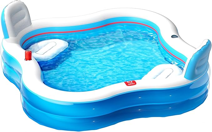 QPAU Inflatable Swimming Pool with 2 Seats and Backrests, 80" L x 80" W x 16.5" D Large Full-Sized Family Pools for Kids and Adults for Backyard, Garden, Outdoors, Clear Blue