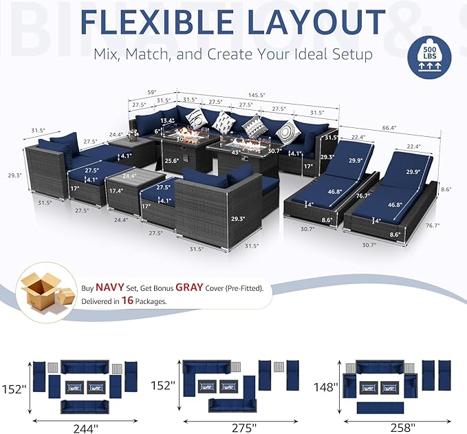 NICESOUL 18 Piece Extra Large Luxury Patio Furniture Set with Firepit, Outdoor Sectional w/Chaise Lounge, Comfy 29.3" High Back Couch Deep Seat, All-Weather Wicker Conversation Set, Gray & Blue