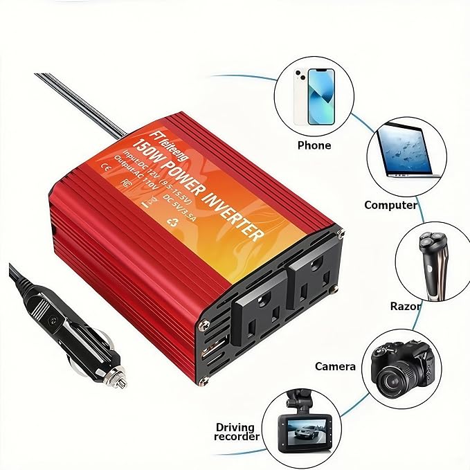 150W Power Inverter 12V DC to 110V AC Car Plug in Adapter Outlet with 2 AC Outlets, Type-C, USB Port Cigarette Lighter Adapter for Phone, Laptop and Small Devices on Road Trip