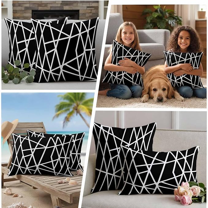 Outdoor Pillow Covers Waterproof, Black Geometric Decorative Square Throw Pillowcases Patio Cushion Covers for Tent/Garden, 26" x 26" 2 Pack, Abstract Stripes Modern Simple