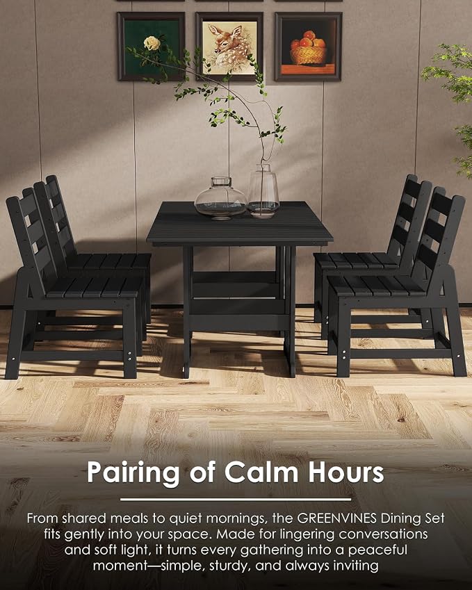 GREENVINES 5-Piece-Outdoor-Table-and-Chairs | HDPE | Patio Furniture | Slatted Dining Sets for 4 | Armless Chair | Connectable Tables | All Weather | for Backyard Poolside Garden | Black