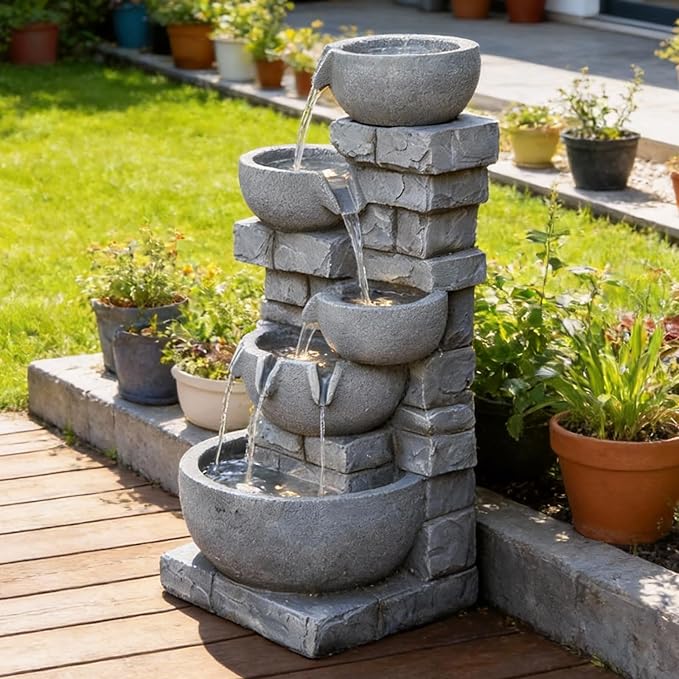 33.07'' H Cascading Bowl Water Fountain 5-Tier Stacked Stone Style Freestanding Water Feature with LED Lights for Outdoor Patio, Balcony, Lawn and Indoor Home Décor