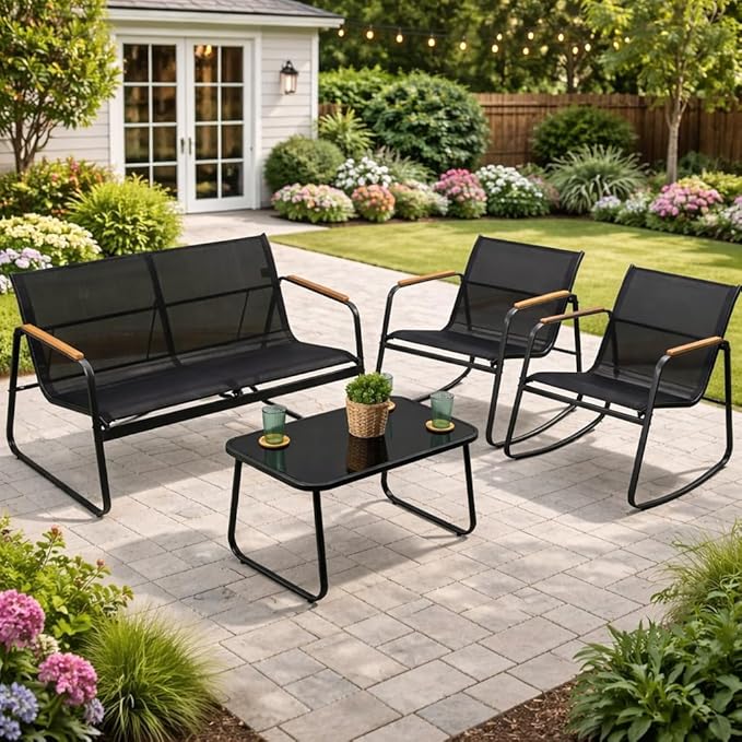 Kozyard 4-Piece Outdoor Patio Furniture Set with Textilene Chairs, Metal Conversation Set, Tempered Glass Coffee Table, Powder-Coated Steel Frame for Garden, Poolside, Backyard Black