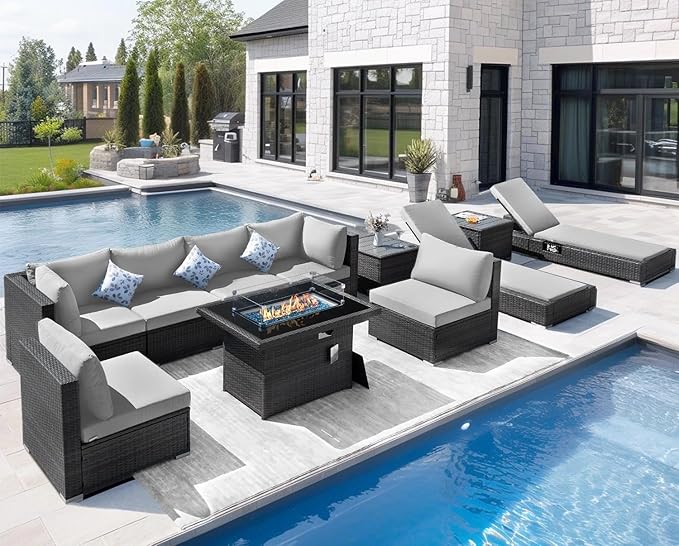 NICESOUL 11 Piece Outdoor Patio Sectional Set with Fire Pit Natural Gas/Propane, 29.3'' High Back Comfy Wicker Conversation Furniture Set w/Chaise Lounge, 8 Seat XL Big Deep Couch for Backyard,Grey