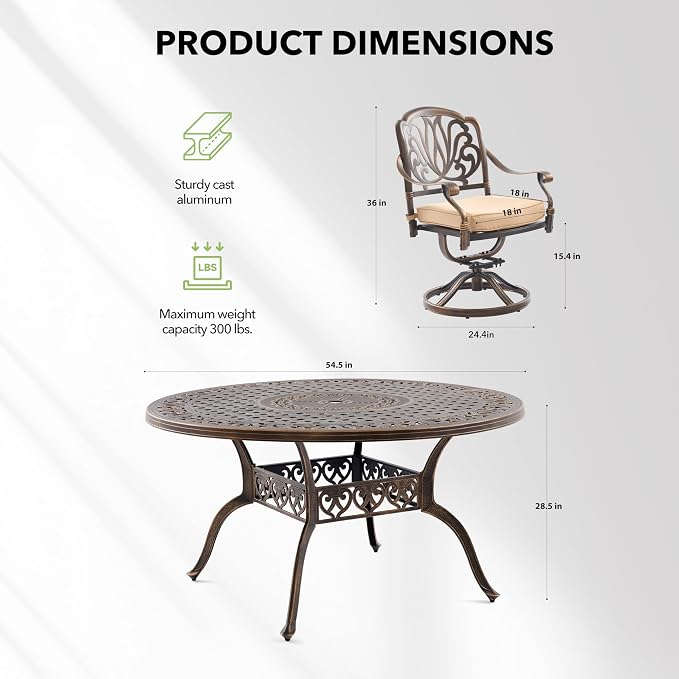 7-Piece Cast Aluminum Outdoor Table and Chairs, Classic Vintage Patio Dining Set for 6 Include 54.5" Round Dining Table and 6 Swivel Chairs with Removable Cushion and Umbrella Hole
