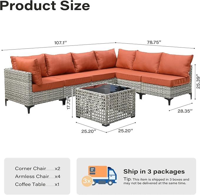 7 Pieces Patio Furniture Set with Solar Light Coffee Table, All-Weather Rattan Outdoor Sectional Conversation Sets L Shaped Sofas with Thick Cushions for Porch Balcony Backyard Orange