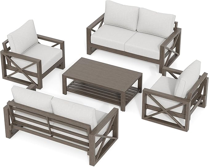 UDPATIO 5 Piece Faux Wood Aluminum Patio Furniture Set 6 Seats Modern Outdoor Furniture Patio Conversation Sets with Coffee Table for Balcony, Backyard, 600D Waterproof Cover Included, Light Grey