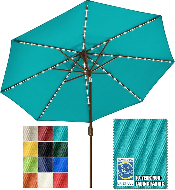 EliteShade USA 10-Year-Non-Fading 9ft Market Patio Umbrella, Commercial Grade Table Sun Umbrella with 80 Solar LED Lights, Crank Open, Windproof & UPF 50+ UV Protection for Garden, Deck, Pool, Backyard, Teal