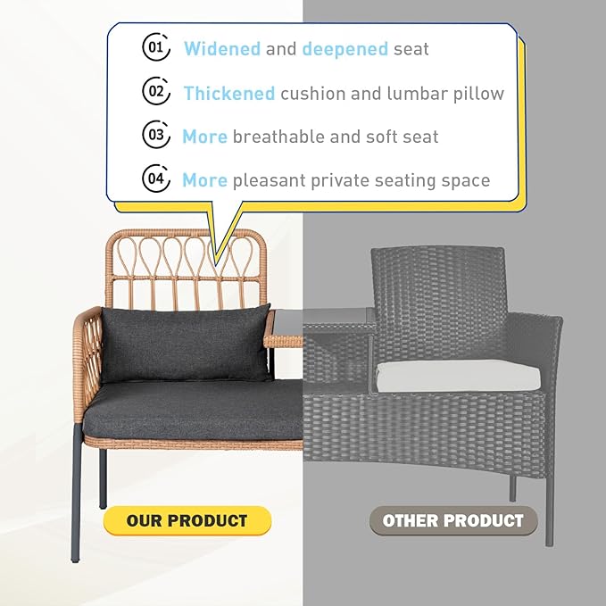 Outdoor Loveseat 2 Pieces Patio Furniture Set, Porch Furniture Wicker Large Loveseats, Patio Conversation Sets with Cushions & Lumbar Pillows and Built-in Table