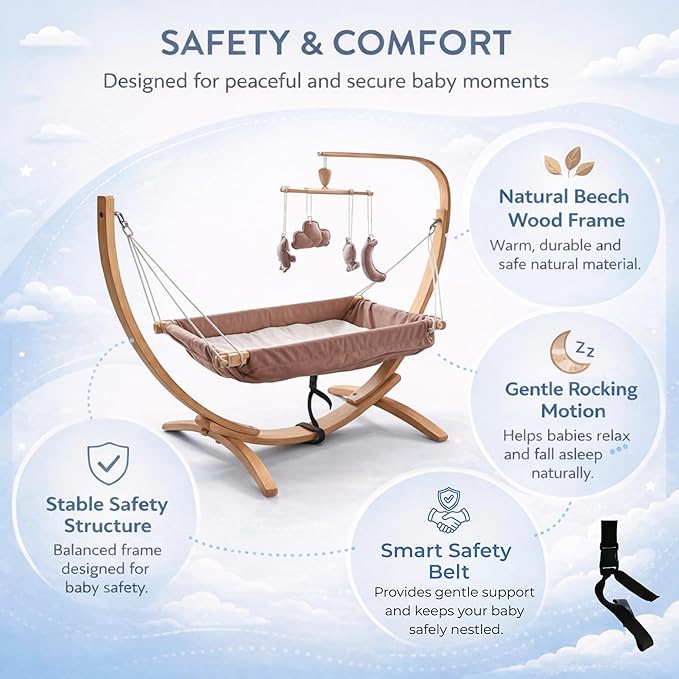 Kids Hammock Bed for Children Ages 3 to 5 Years, 15 to 36 kg Capacity, Comfortable Fabric with Wooden Frame, Portable and Easy to Assemble for Indoor and Outdoor Use (Brown-2)