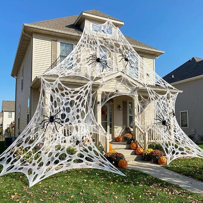 1000 Sqft（After Streched with Holes）Uncut Giant DIY Spider Web Halloween Decorations Outdoor with 10 Ground Nails Stretchy Beef Cloth Netting Cut-Your-Own Flexible Elastic for Yard Party Decor
