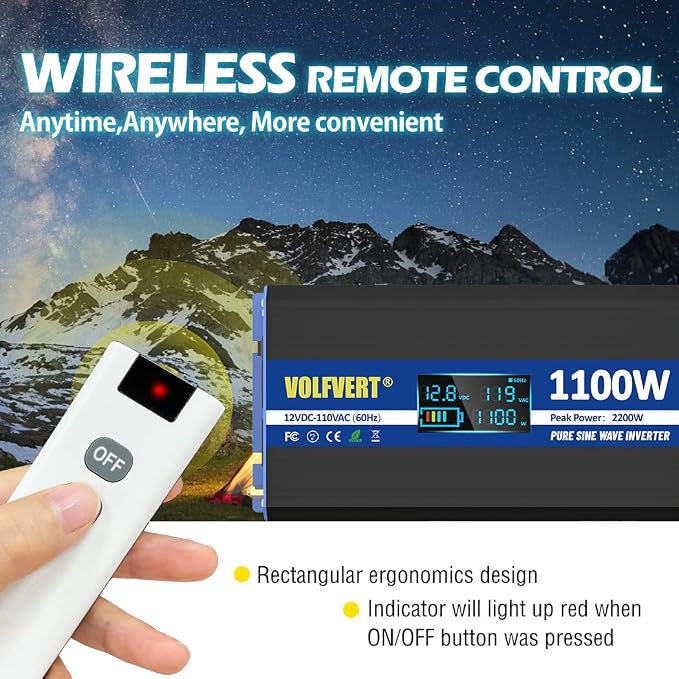 1100 Watt Pure Sine Wave Inverter, 12V DC to 110V 120V AC Converter with Two AC Outlets, USB Ports, Type-C ports, Remote Controller, LCD Display, Power Inverter 1100W for Home RV Off-Grid Solar System