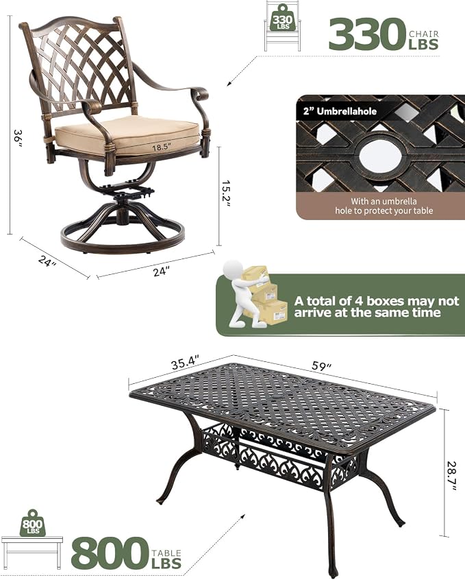 7 Piece Cast Aluminum Outdoor Dining Set, Retro Patio Dining Furniture Set for 6 Includes 59” Rectangular Table 6 Lattice Chairs with Thicker Cushions and Umbrella Hole for Porch Poolside Garden