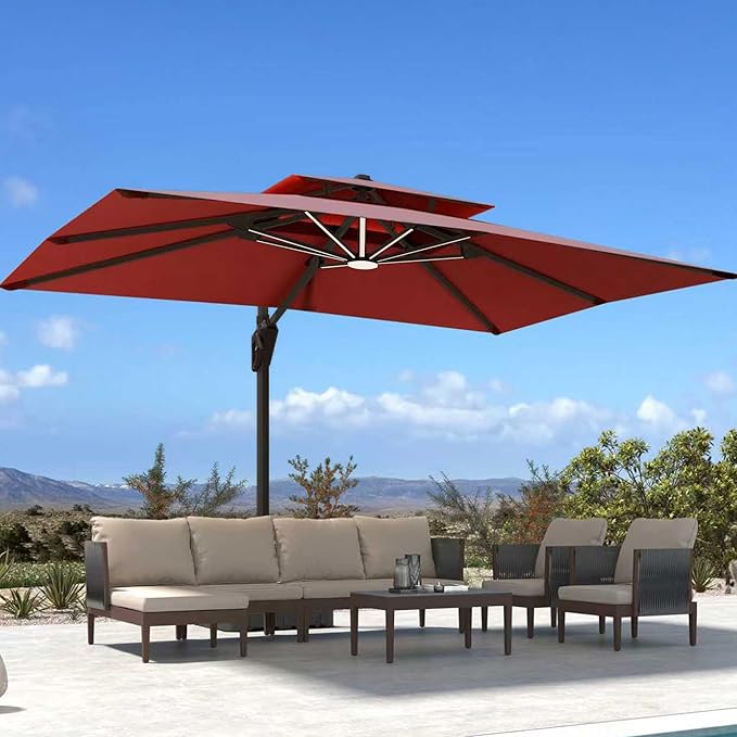 10' X 13' Patio Umbrella with Weighted Base and LED Lights Outdoor Cantilever Large Rectangle Offset Umbrellas Heavy Duty Aluminum Double Top with 360-degree Rotation for Pool Garden Deck, Red