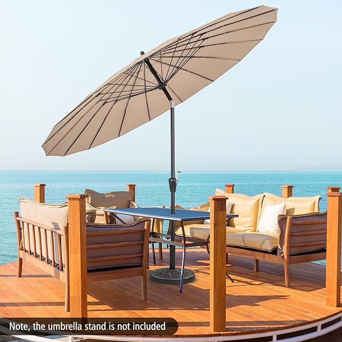 Tangkula 9FT Round Patio Umbrella, Outdoor Market Umbrella with 18 Fiberglass Ribs, Push Button Tilt, Crank, Fade-resistant Canopy & Ventilation, Aluminum Table Umbrella for Backyard, Pool (Tan)