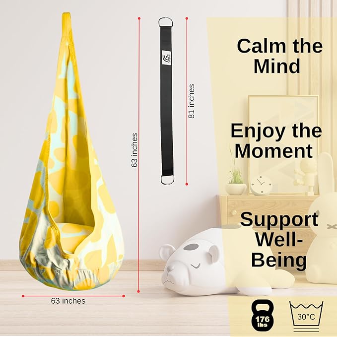 Calming Sensory Swing — Indoor Sensory Hammock for Kids & Adults, Supports up to 170 lb (77 kg), Double-Layer Canvas Fabric, Hanging Hardware Included, White-Yellow
