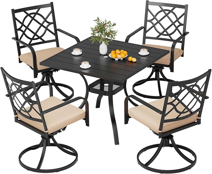 Crownland 5 Piece Patio Dining Set, 4 Swivel Metal Chairs and Square Outdoor Dining Table with 1.57" Umbrella Hole (Metal Tabletop)