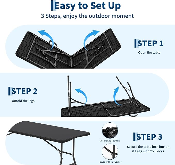 Garvee 6FT Portable Folding Table, HDPE Plastic Foldable Table with Carry Handle for Camping, Parties, Picnic & Events Indoor Outdoor, Black