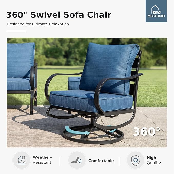 MFSTUDIO 6 Pieces Metal Patio Furniture Sets, 2 Swivel Chairs, 3-Seat Loveseat Sofa, 2 Patio Chairs & 1 Marbling Coffee Table, All Weather 7 Seats Outdoor Conversation Set for Garden, Peacock Blue