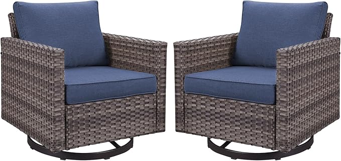 Outdoor Patio Swivel Rocker Chairs - Wicker Patio Swivel Rocking Chairs Set of 2 with Waterproof Wicker,Comfortable Cushions and Sturdy Metal Frame for Outside Porch Deck Backyard(Mixed Grey/Blue)