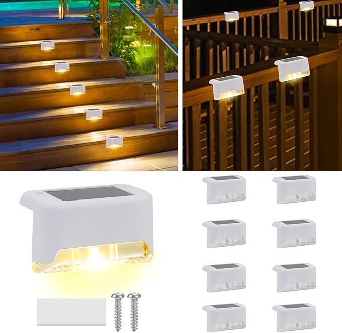 8 Pack Solar Deck Lights Outdoor Small Waterproof LED Step Lamp Outside Decoration Lighting for Stairs, Railing, Fence, Patio, Pool, Balcony, Retaining Wall, Patio, No Drill Instal(White Shell)
