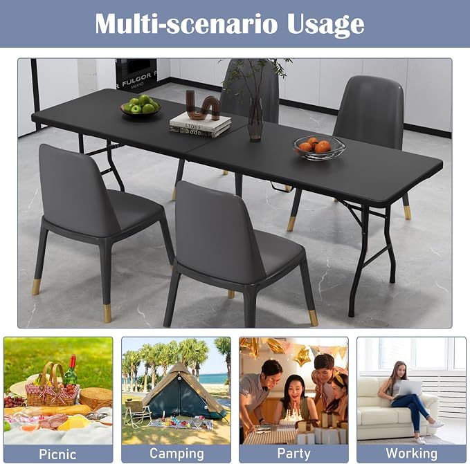 Tangkula 8 FT Folding Table, Indoor Outdoor Foldable Plastic Table with HDPE Tabletop, Sturdy Metal Fame, Carrying Handle, Heavy Duty Portable Fold-in-Half Picnic Table for Camping BBQ Party