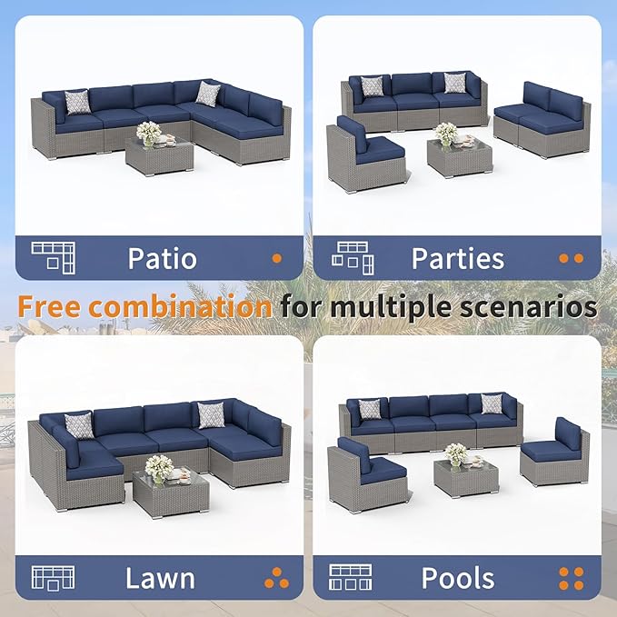 Oakcloud 8-Piece Outdoor Patio Furniture Sofa Set with 45” Propane Gas Fire Pit Table, Grey Rattan Wicker Sectional Conversation Sets with Glass Top Tables and Cushions(Dark Blue, w/Fire Pit Table)