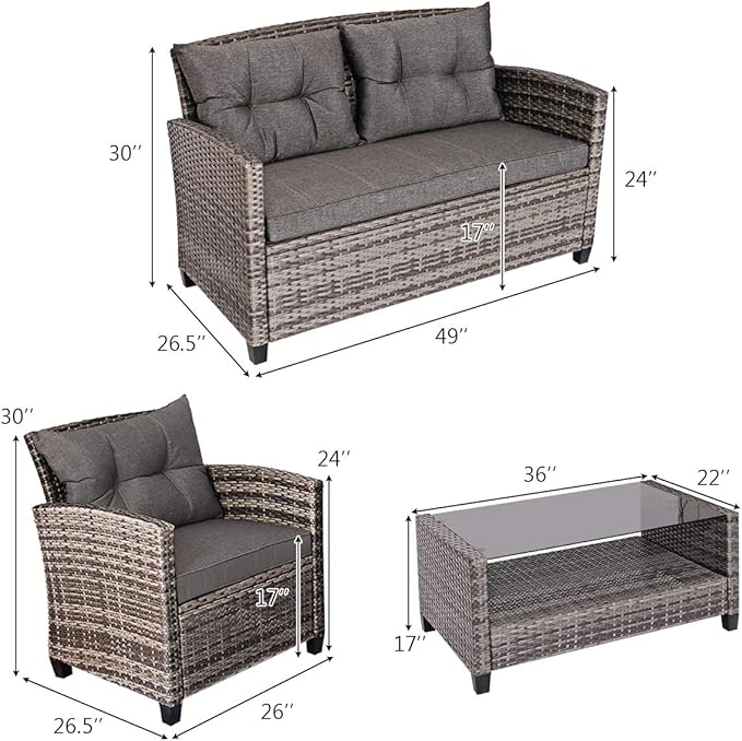 Tangkula 8 PCS Patio Wicker Conversation Furniture Set, Outdoor Rattan Sofa Set with Padded Cushion & Tempered Glass Coffee Table, Wicker Sectional Sofas & Table for Courtyard Balcony Garden (2, Grey)