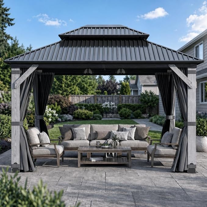 Hardtop Wood Gazebo, Cedar Frame Outdoor Pavilion with Double Galvanized Steel Roof, Curtains and Netting Included, Ceiling Hook for Patio Backyard Deck Lawn Garden (Gray, 10x10FT)