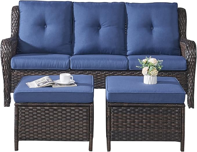 Rilyson 3 Piece Wicker Patio Furniture Set - Outdoor Rattan Patio Comversation Set with 1 Sofa and 2 Ottomans for Outside Porch Deck Garden(Brown/Blue)