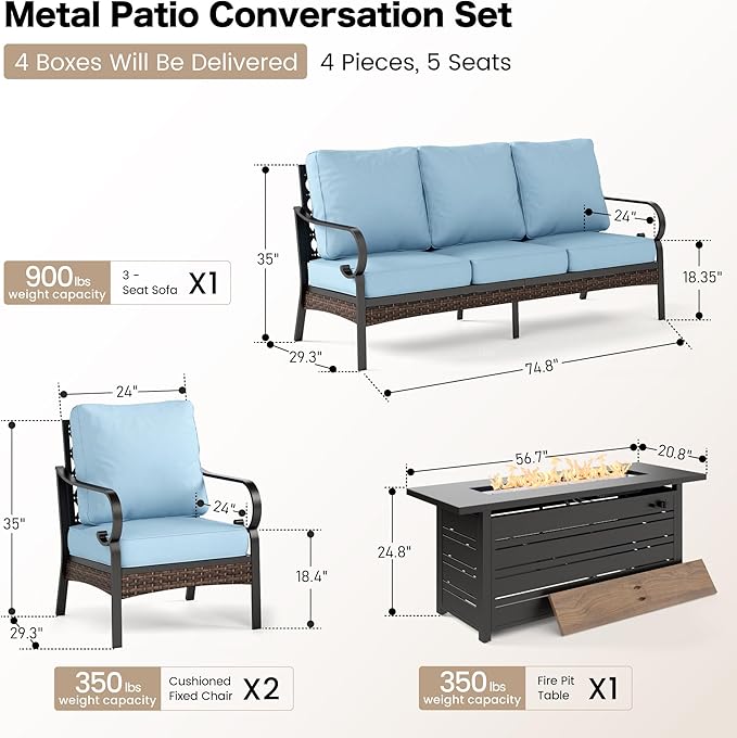 4 Piece Black Metal Outdoor Patio Furniture Sets with Firepit Table, Patio Conversation Sets 1 3-Seater Sofa, 2 Single Sofa with 5.75" Thick Cushion Backyard Furniture for Deck, Blue