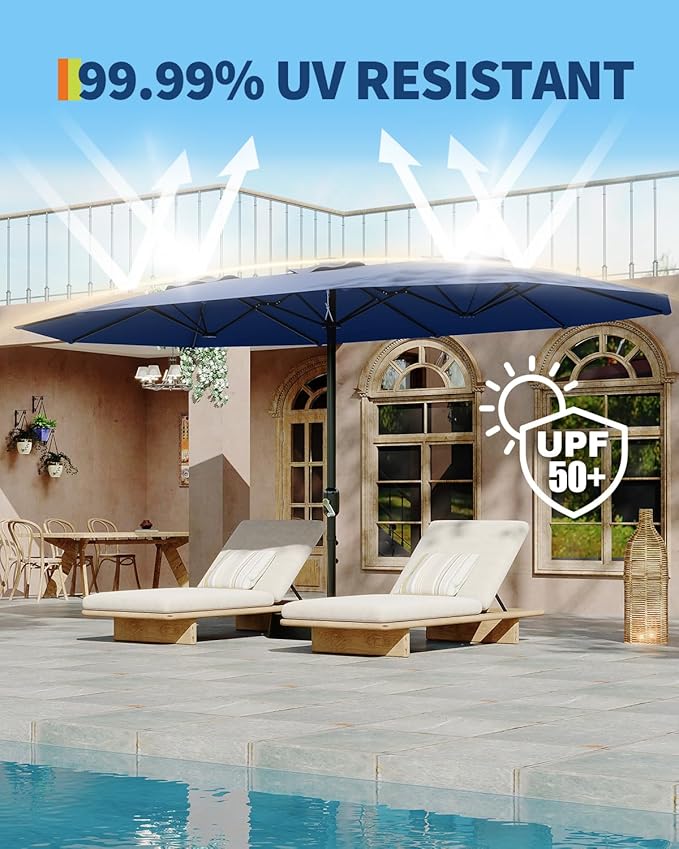 GarveeLife 15 ft Large Patio Umbrella with Lights, 36 LED Lights Double-sided Patio Umbrella with Weighted Base for Poolside Garden Backyard