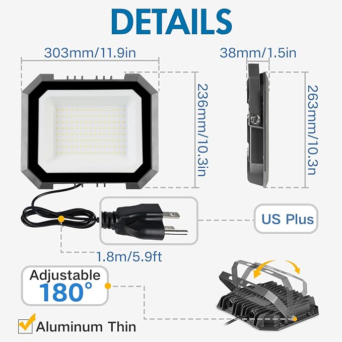 Leddictive 2 Pack LED Flood Lights Outdoor, 150W 15000LM Super Bright Floodlight Outside Work Light with 5.9FT Plug, IP65 Waterproof 6000K Outdoor LED Flood Light for Garage, Yard, Lawn, Garden