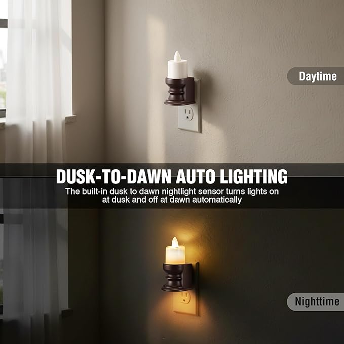Meonum Flickering Flameless Candle Night Light Plug in, Dimmable LED Nightlight with Dusk to Dawn Sensor, Decorative Candle Light for Bedroom, Hallway, Bathroom (1 Pcs,Warm Yellow & Brown Base)